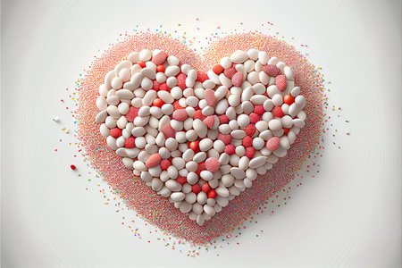Beautiful Valentines candies sweets forming an heart shape, on a minimal flat design. 3D Rendering....
