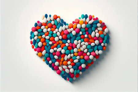 Colorful pills in heart shape on white background. 3d illustration. Generative AIの写真素材