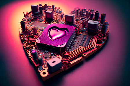Heart on a computer circuit board. 3d illustration. Pink background. Valentine's day concept....