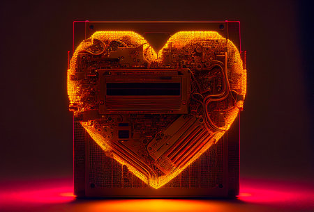 The red heart of the motherboard in the form of a luminous cell. Valentine's day concept. Generative AIの写真素材