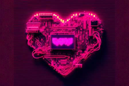 Pink heart in the form of a computer circuit board with microchip. Valentine's day concept. Generative AIの写真素材