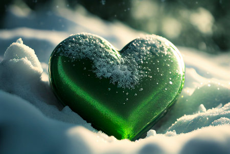 Green krypton heart in the snow. Valentines Day background. Generative AIの写真素材