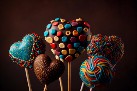 Chocolate heart shaped cake pops with colorful decorations on a dark background. Generative AIの写真素材