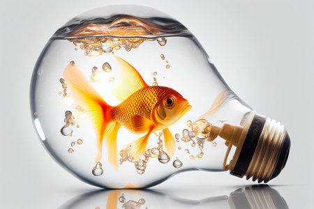 Goldfish in a light bulb on a white background. 3d rendering. Generative AIの写真素材