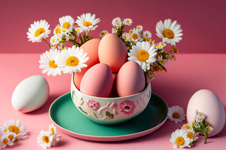 Easter eggs in a bowl with daisies on a pink background. Easter minimal design concept. Generative...