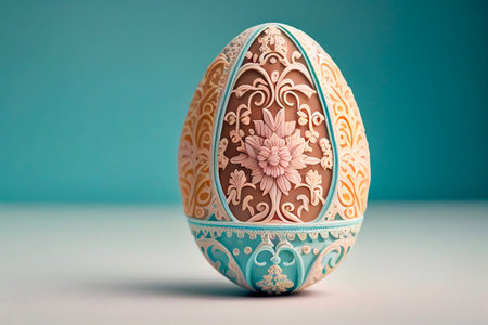 Easter egg with floral detail pattern, on a blue background. Close up. Generative AI