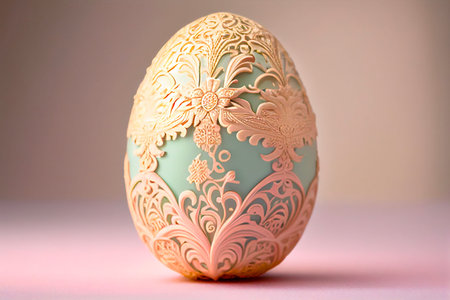 Easter egg with floral detail pattern, centered on a pink background. Close up. Generative AIの写真素材