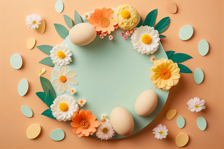 Easter round composition with eggs and flowers on pastel background. Flat lay, top view. Generative AIの写真素材