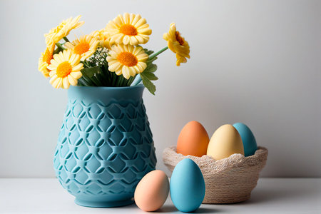 Easter eggs in a blue vase with daisies on a white background. Generative AI