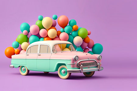Retro car with colorful balloons on purple background. 3d rendering. Generative AIの写真素材