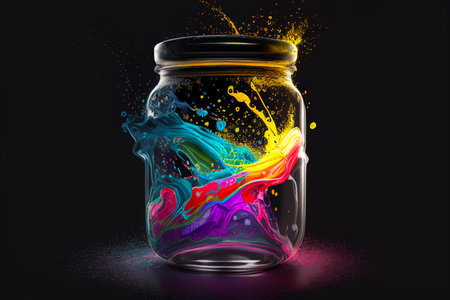 Colorful paint splashing out of a glass jar isolated on black background. Generative AIの写真素材