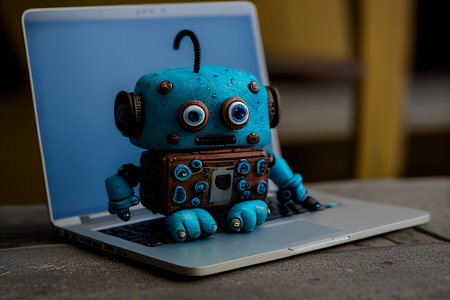 A cute toy robot sitting on a laptop. Artificial intelligence AI Concept. Generative AIの素材