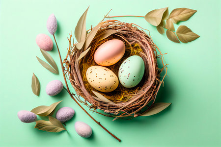 Easter eggs in a nest on a green background, top view. Generative AIの素材