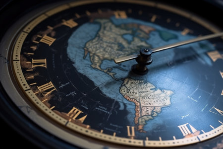 Close-up of the dial of a vintage watch with world map on the dial. Earth's Time Concept. Generative AIの素材