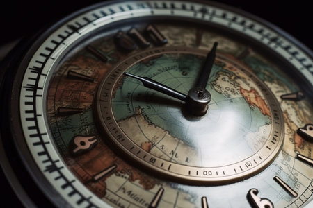 Close-up of the dial of a vintage watch with world map on the dial. Earth's Time Concept. Generative AIの素材