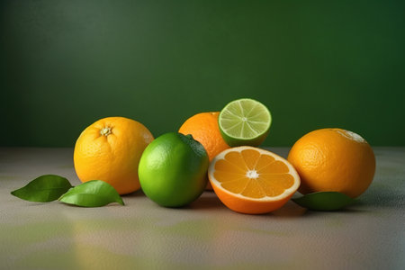 Oranges and limes on a green background. Citrus fruits. Generative AIの素材