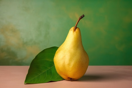 Ripe yellow pear with green leaves on a light background. Copy space. Generative AIの素材