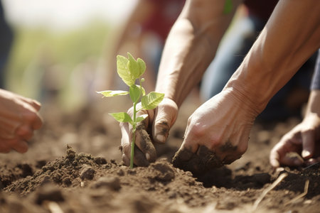 Close up of human hands planting a small tree in the soil. Generative AIの素材