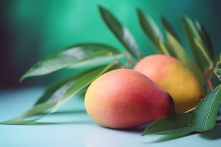 Ripe mangoes on a green with leaves background. Selective focus. Generative AIの素材