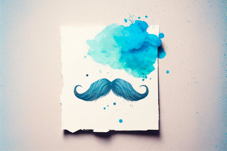 Hand drawn illustration of a mustache with blue watercolor paint on white paper. Father's Day. Generative AIの素材