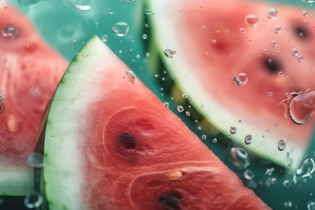 Watermelon slices with water drops on green background, close-up. Generative AIの素材