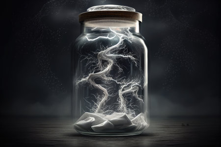 Conceptual image with lightning in a glass jar on dark background. Generative AIの素材
