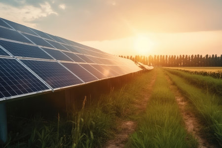 Solar panels, photovoltaic, alternative electricity source - concept of sustainable resources. Generative AIの素材
