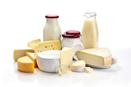 Assortment of dairy products isolated on white background. Generative AIの素材