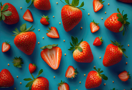 Strawberry pattern on blue background. Top view. Flat lay. Generative AIの素材