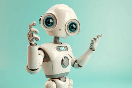 Cute robot pointing at something on a blue background. Generative AIの素材