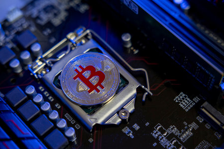 Bitcoin coin on computer circuit board. Cryptocurrency mining concept.の写真素材