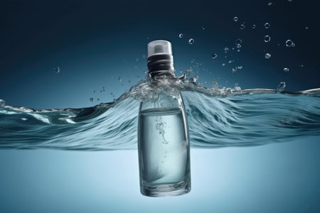 Perfume bottle with water splash on blue background. Generative AIの素材