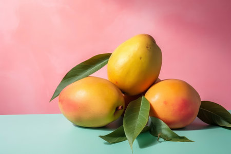 Mango fruit with green leaves on pastel pink and blue background. Generative AIの素材