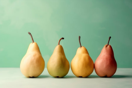 Ripe yellow and red pears in a row on green background. Generative AIの素材