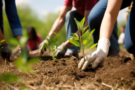 Group of people planting trees in the garden. Earth day concept. Generative AIの素材