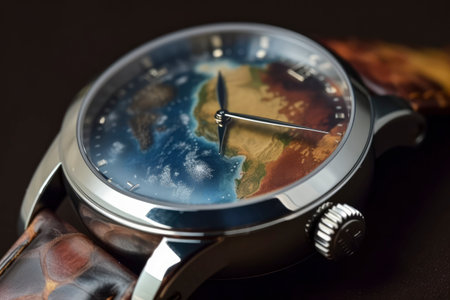 Closeup of a wristwatch with a world map on the dial. Generative AIの素材