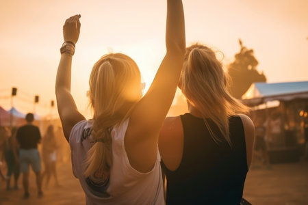 Two young women raised their hands up at sunset in a summer music festival. Generative AIの素材