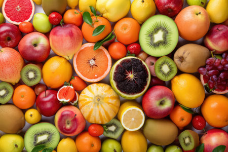 Background of many different fruits. Top view. Flat lay. Healthy food concept. Generative AIの素材