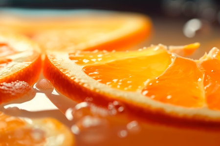 Slices of orange on ice, closeup. Generative AIの素材