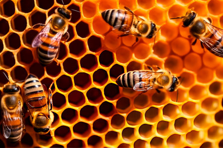 Close up view of the working bees on honeycells - selective focus. Generative AIの素材