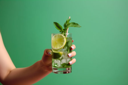 Mojito cocktail with lime, mint and ice on green background. Copy Space. Generative AIの素材