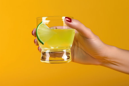 Female hand holding glass of cocktail with lime on yellow background, closeup. Generative AIの素材