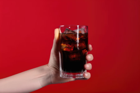 Female hand holding glass of cola with ice cubes on red background. Generative AIの素材