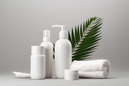 Set of cosmetic products with tropical leaf on gray background, spa concept. Generative AIの素材