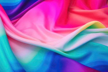 Abstract background of colorful pink, blue, red, green, magenta silk fabric with folds and waves, closeup. Generative AIの素材