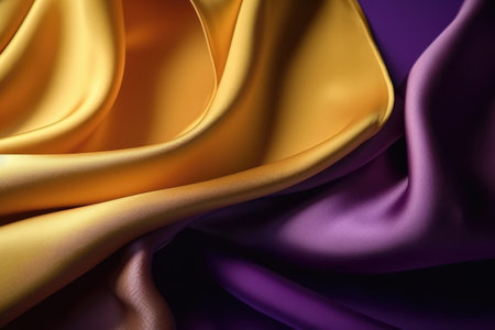 Closeup of rippled yellow and purple satin silk fabric. Generative AIの素材
