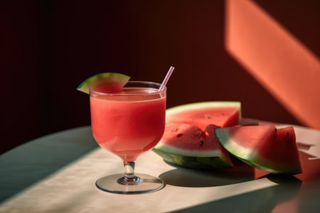 Refreshing watermelon smoothie in a glass on a dark background. Generative AIの素材