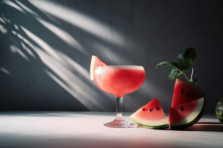 Refreshing summer drink with watermelon in a glass on a dark background. Generative AIの素材