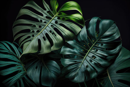 Tropical leaves Monstera Deliciosa on black background. Generative AIの素材