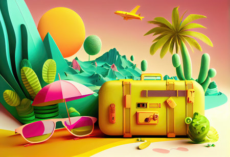 Illustration of summer background with suitcase, sunglasses and beach objects. Travel Concept. Generative AIの素材